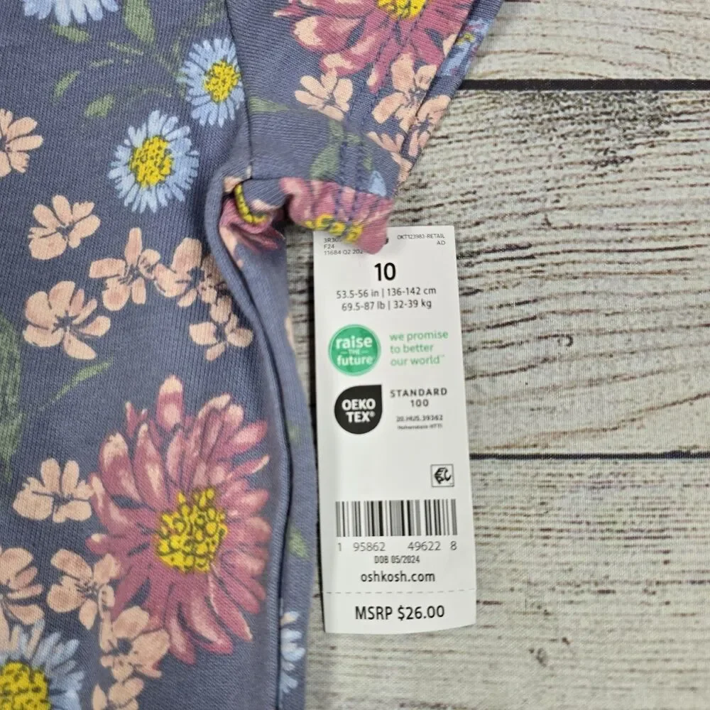 OshKosh B'gosh Kids Girls Blue Floral Short Sleeve Shirt Elastic Bottom 10 NWT